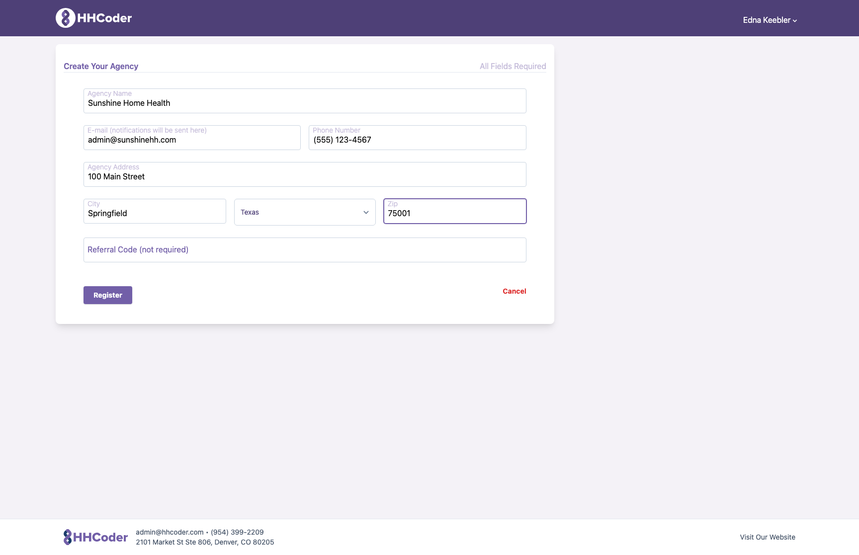 HH Coder agency registration form filled with sample agency information