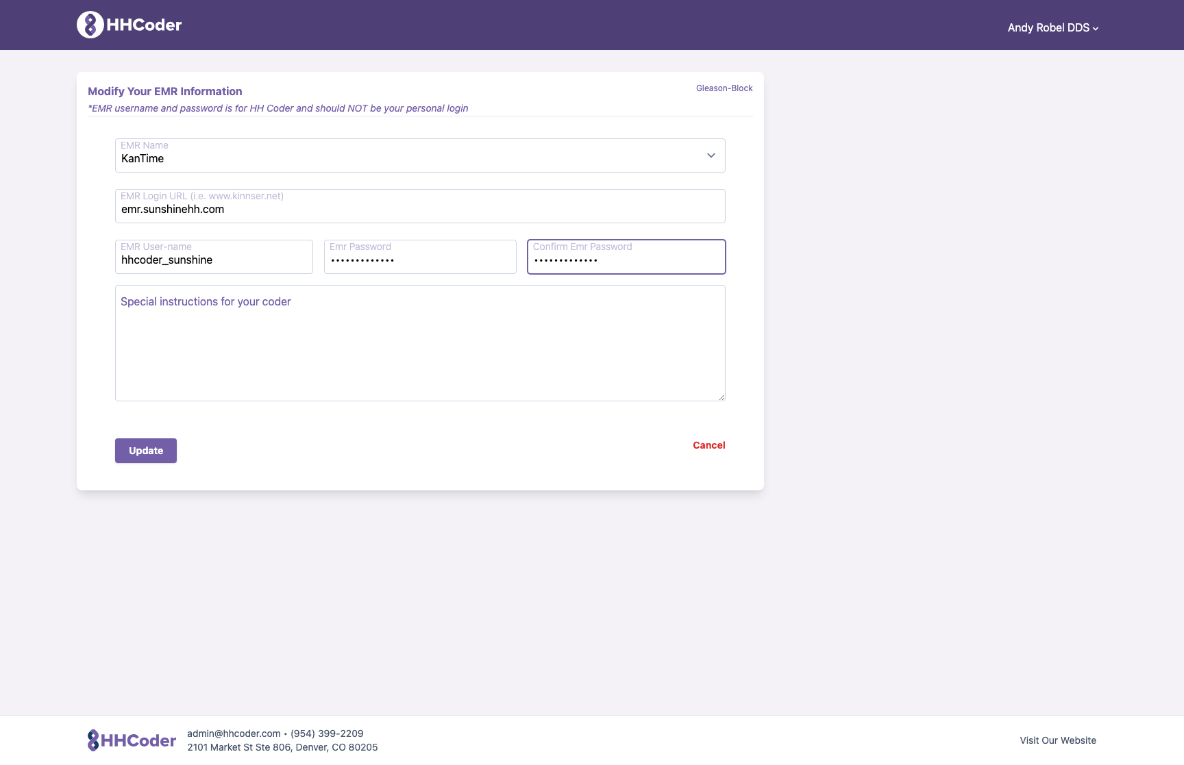 EMR information form showing EMR name, login URL, username, and password fields