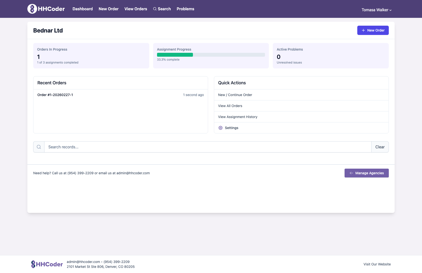 Agency dashboard showing orders in progress, assignment completion progress bar, and quick action links