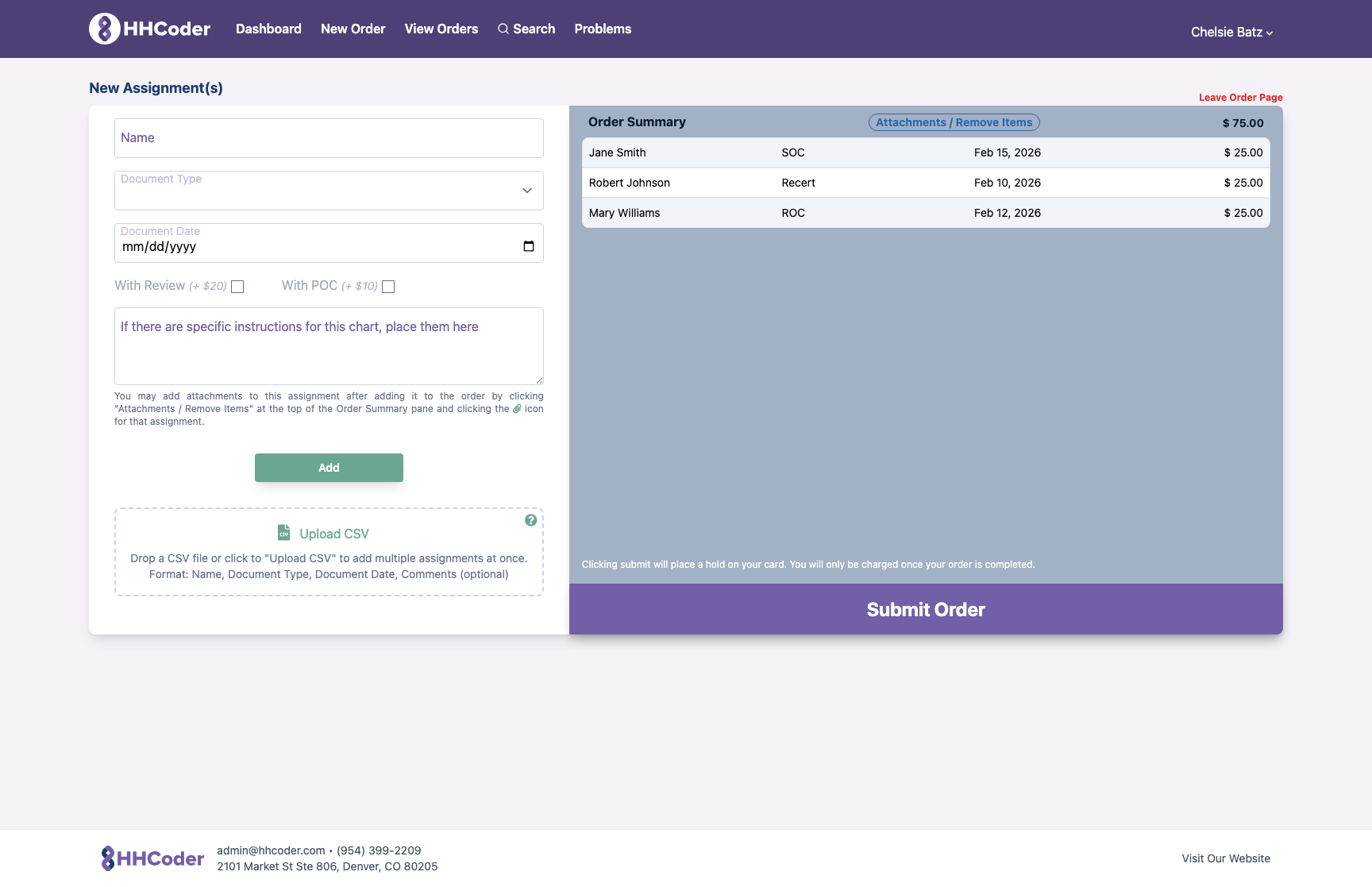 Order form with three assignments added in the Order Summary sidebar showing names, types, dates, and costs