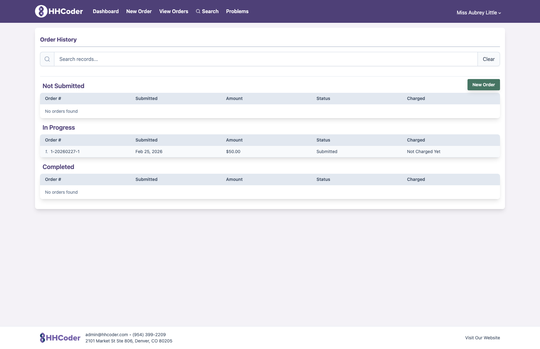 Order history page showing submitted orders grouped by status: Not Submitted, In Progress, and Completed